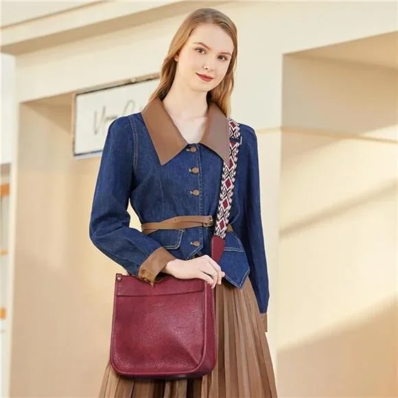 Women's Leather Crossbody Bag Set - Hobo Purse With Guitar Strap & Matching Wallet, 2-Piece - View #5